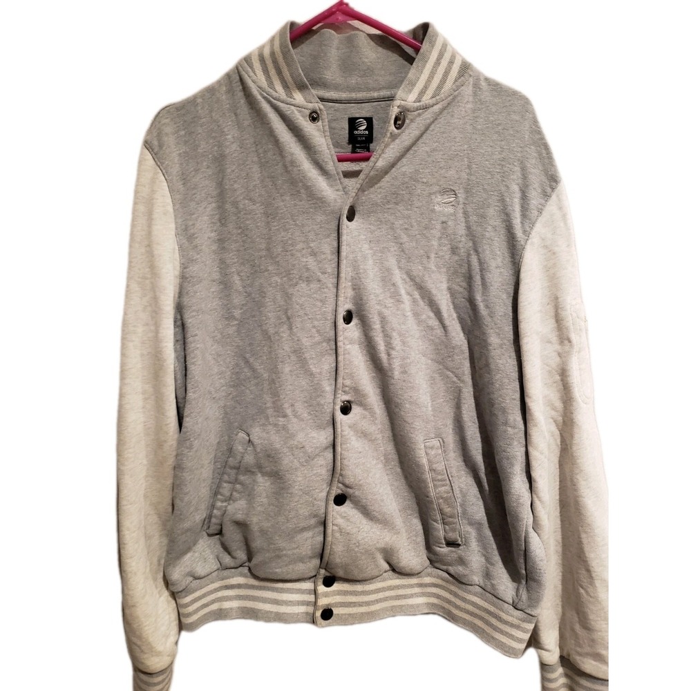 Adidas SLVR Men 2XL Gray Varsity Bomber Jacket Snap Front Sweatshirt Stripe Trim